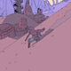 Sable slides down a hill, kicking up sand in her wake. The mountains in the distance are purple, and the scene is awash in red.